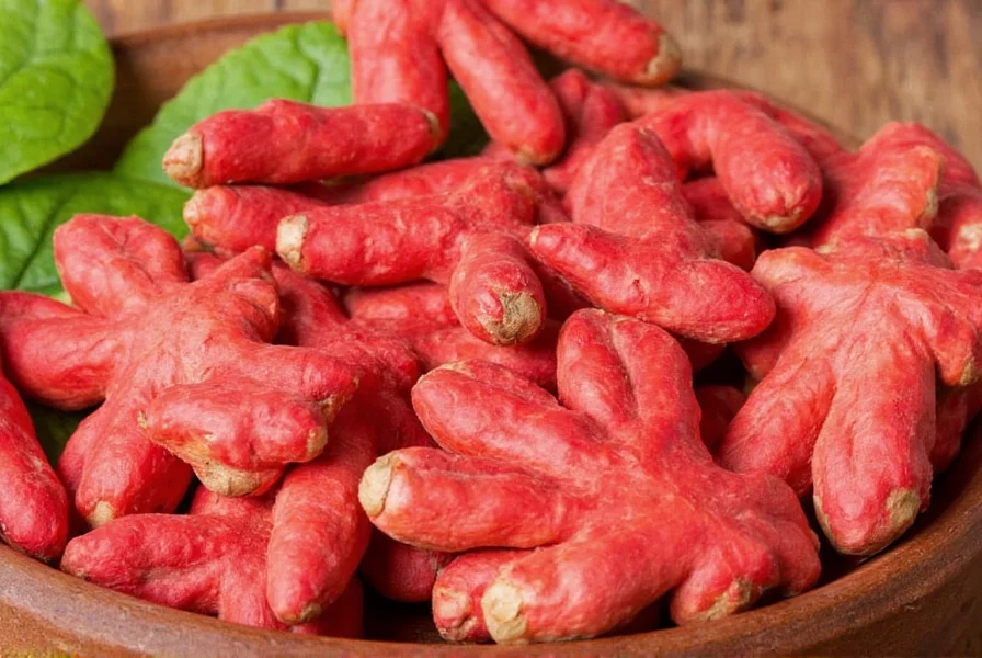 Close-up view of fresh red ginger rhizomes showing the distinctive pinkish-red tips compared to regular yellow ginger