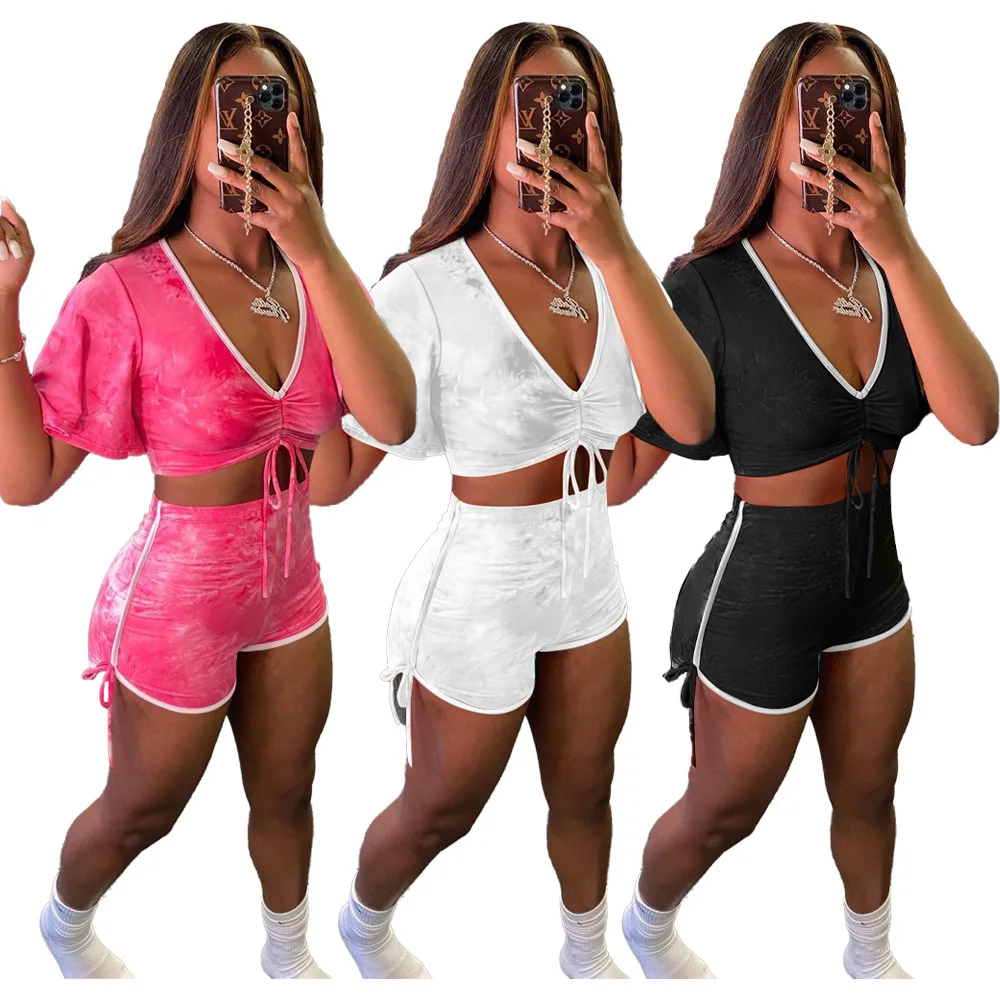 

EB-20032413 Sexy Yoga Suit Sport Fitness Joggers Jumpsuit Deep V Neck Two Piece Summer Outfit Biker Short Bandage Set For Women