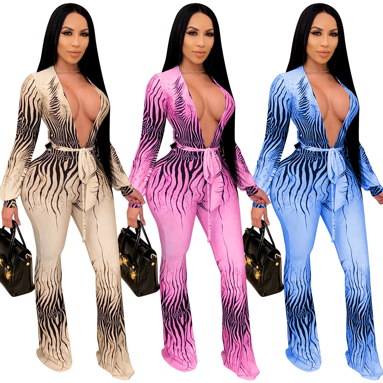

sexy leggings bell-bottoms jumpsuit club breathable sport jumpsuit Fashion sexy deep V print jumpsuit for women