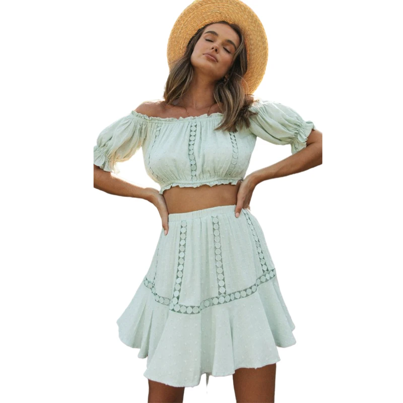 

Latest Trendy Ladies Elegant Solid Color Ruffle Blouse and Mini Dress 2 Piece Set, Shown