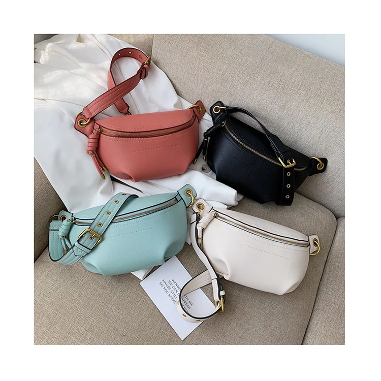 

2021 Spring Rivet Waist Hand Bags PU Leather Fanny Pack Crossbody Bags Solid Color Handbags Female Leisure Chest Bags Pouch