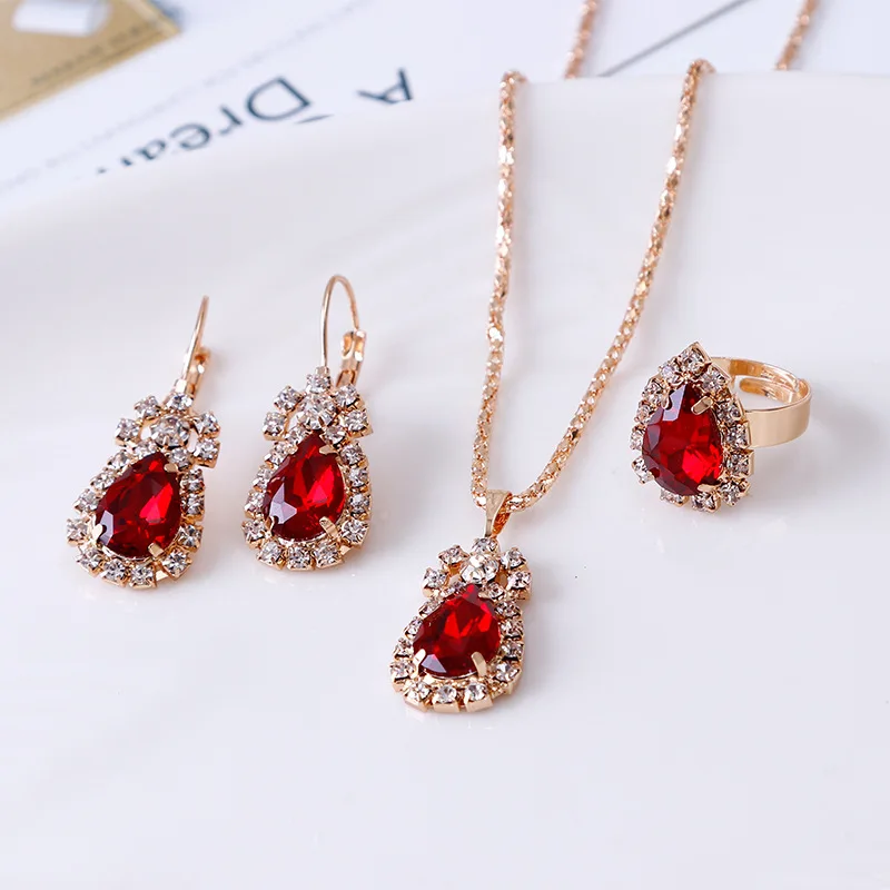 

Cubic Zircon Colorful Crystal Rhinestone Water Drop Wedding Jewelry Set 3Pcs Necklace Earring Ring Set