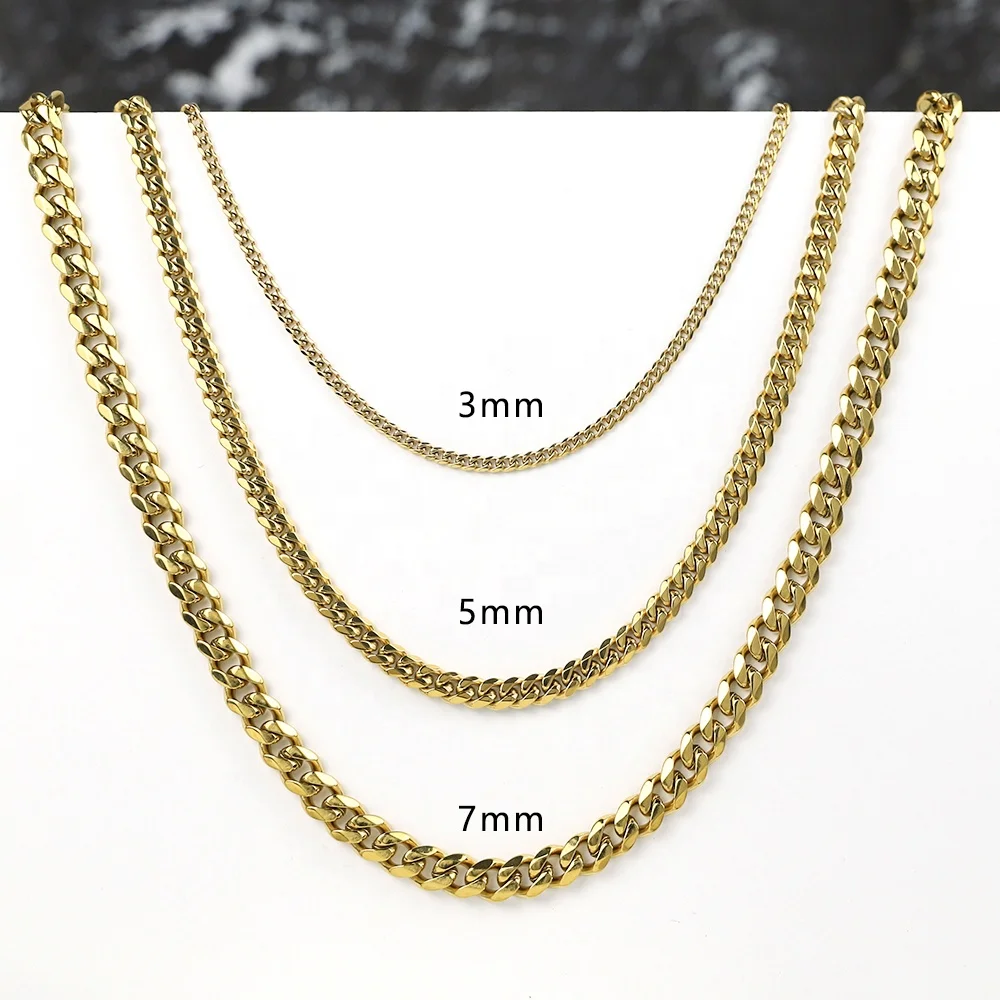 

Hip Hop Jewelry 3mm 5mm 7mm Stainless Steel Necklace 18K Gold PVD Plated Mens Miami Stainless Steel Cuban Link Chain Necklace