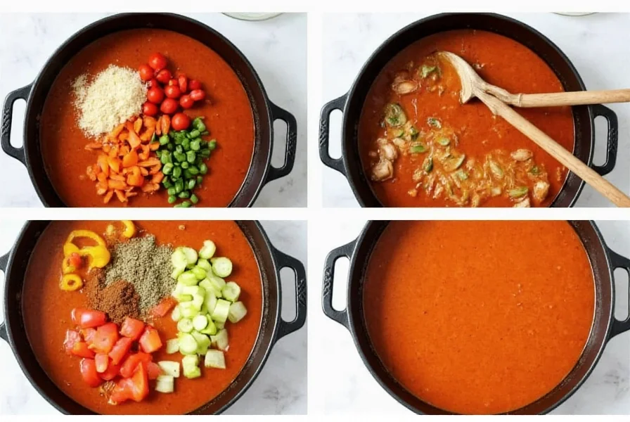 Step-by-step preparation of chicken chili soup showing ingredients in cast iron pot with fresh vegetables and spices