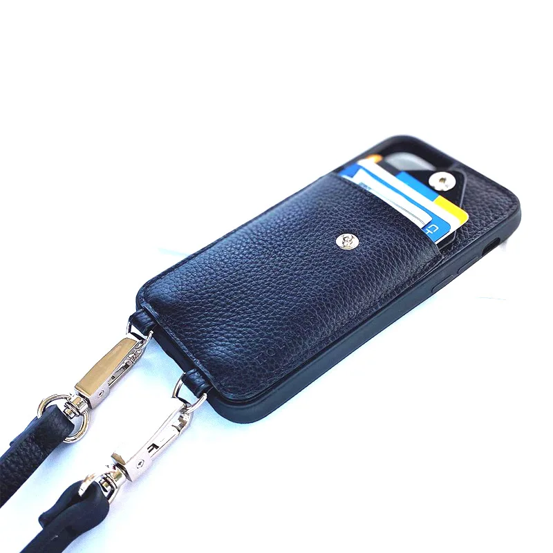 

hot sales genune leather embossed name luxury phone case necklace strap phone case cross body phone wallet, Black