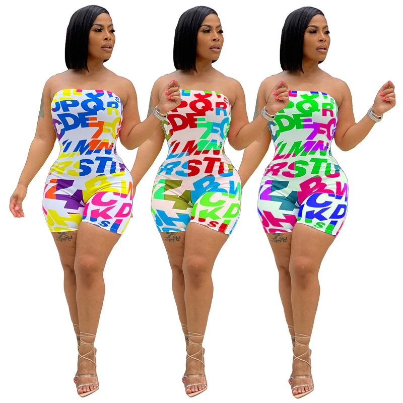 

MD-20062214 2021 trending products letter digital printing sexy bodycon jumpsuit short ladies outfit romper jumpsuits