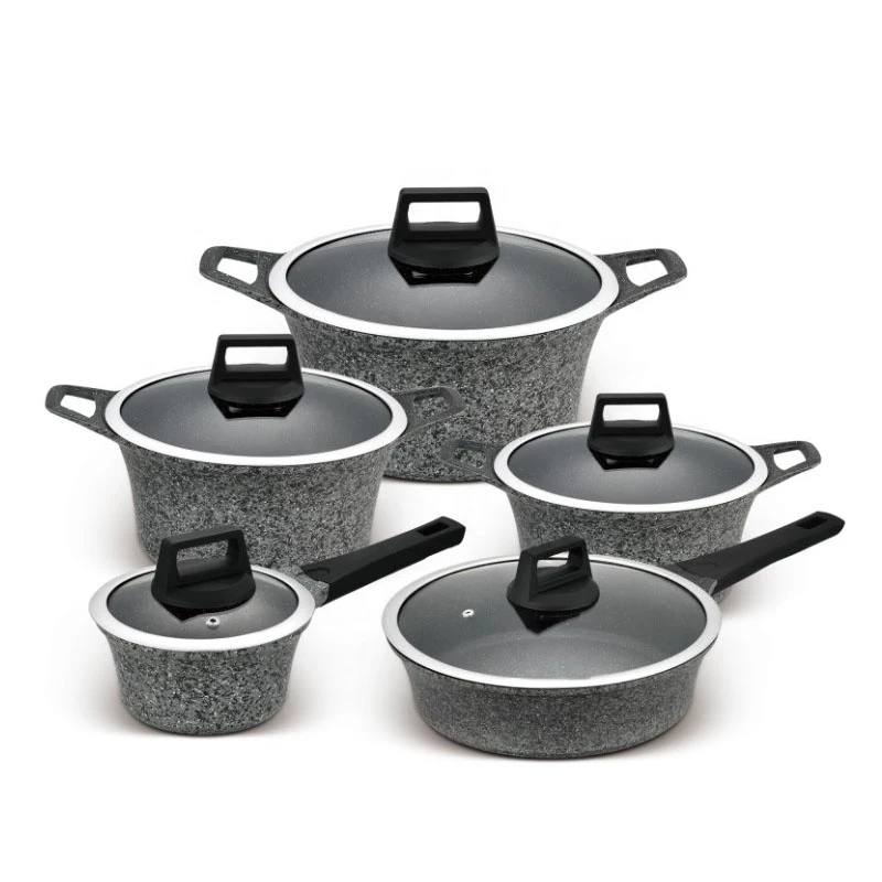 

High Quality Aluminum Die Cast Non stick granite Cooking pot Cookware Set With Glass Lid Kitchen Tools, Black