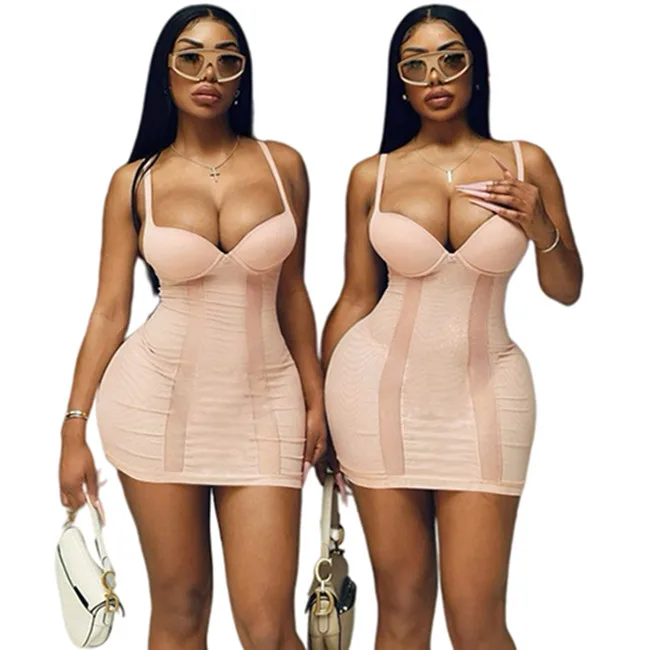

K21D10528 Women Clothing 2022 Sheer Layer Sleeveless Club Party Dresses Patchwork Mesh See Through Sexy Mini Dress
