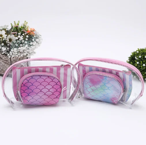 

New coming fish scales laser printed PVC 3 in 1 makeup cosmetic bag set, Assorted