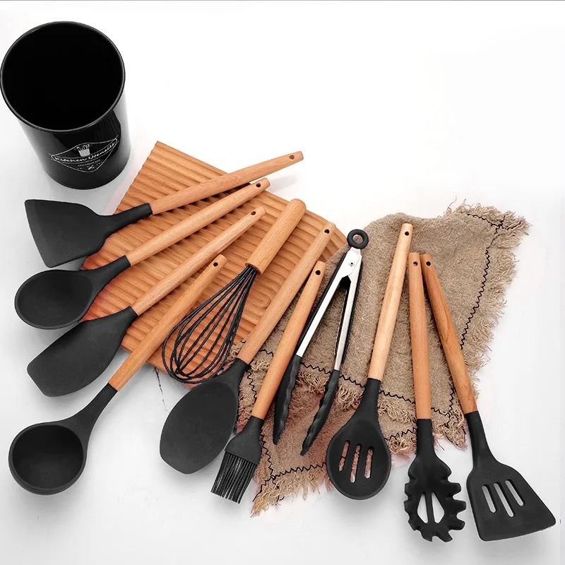

12 pieces black silicone kitchen utensils set wooden handle durable cooking tool bpa free non toxic turner tongs spatula spoon