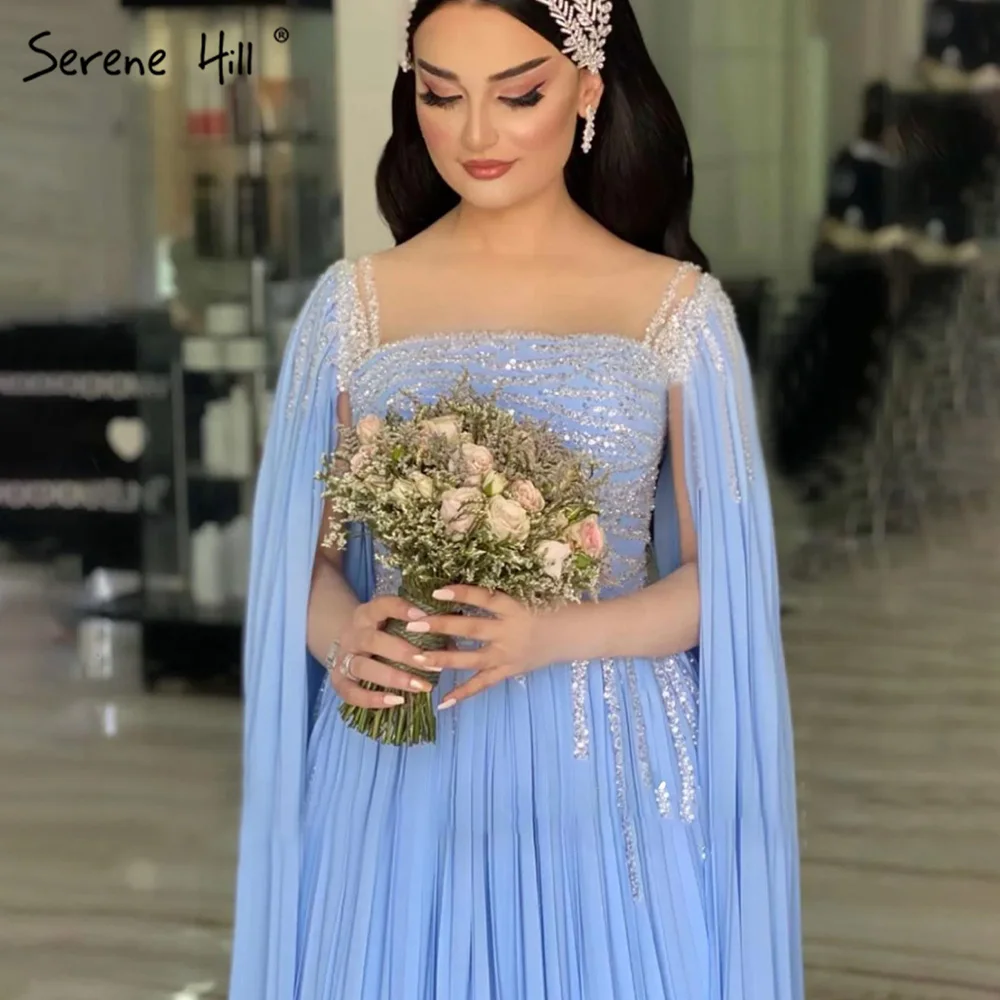 

Blue Cape Sleeves Evening Gowns Women Party Wearing Serene Hill LA71319 Beaded A Line Chiffon 2022 New Trendy Dresses