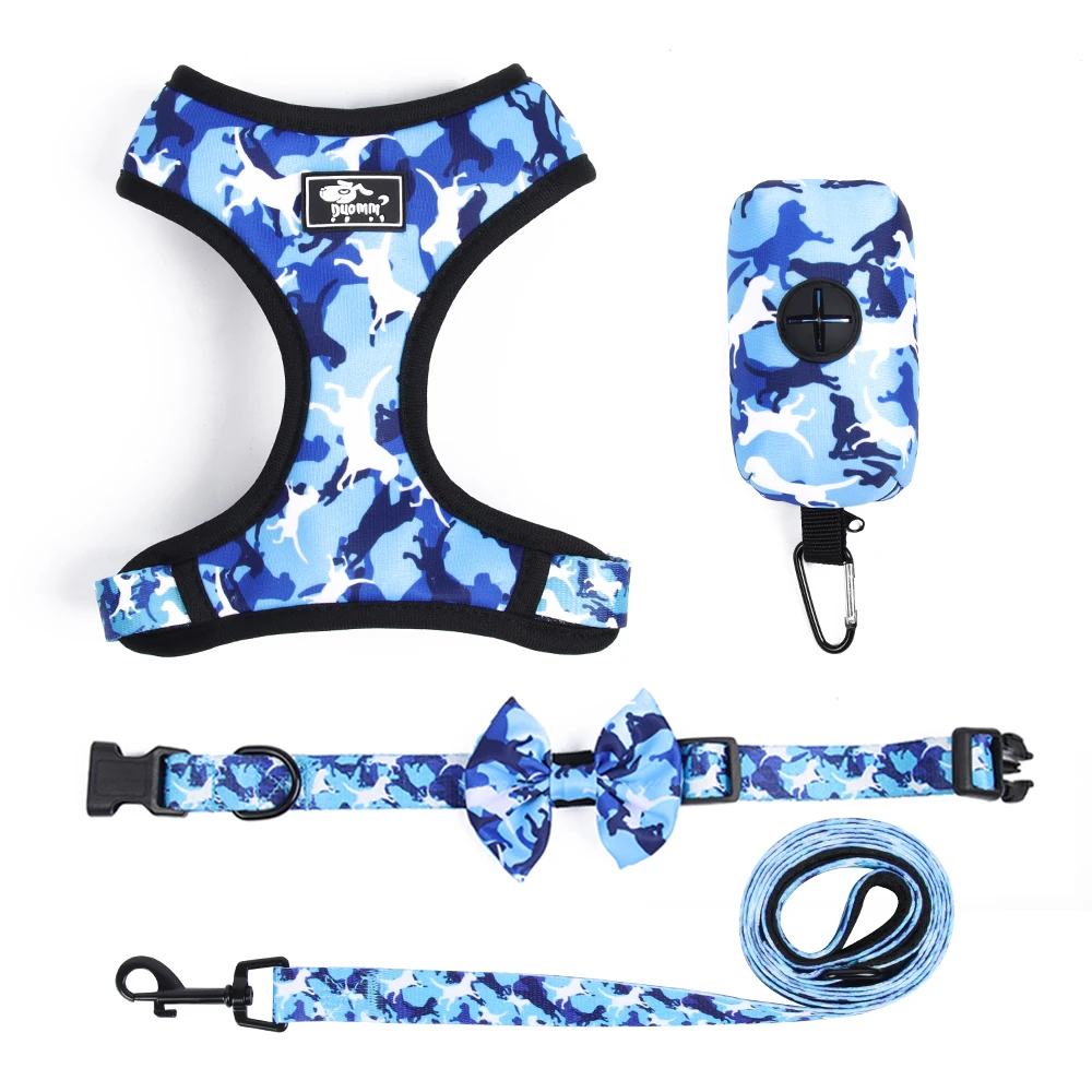

camouflage print Pet leash set custom 100 sets minimum order dog leash collar chest strap dog bag 4 harness set, As shown