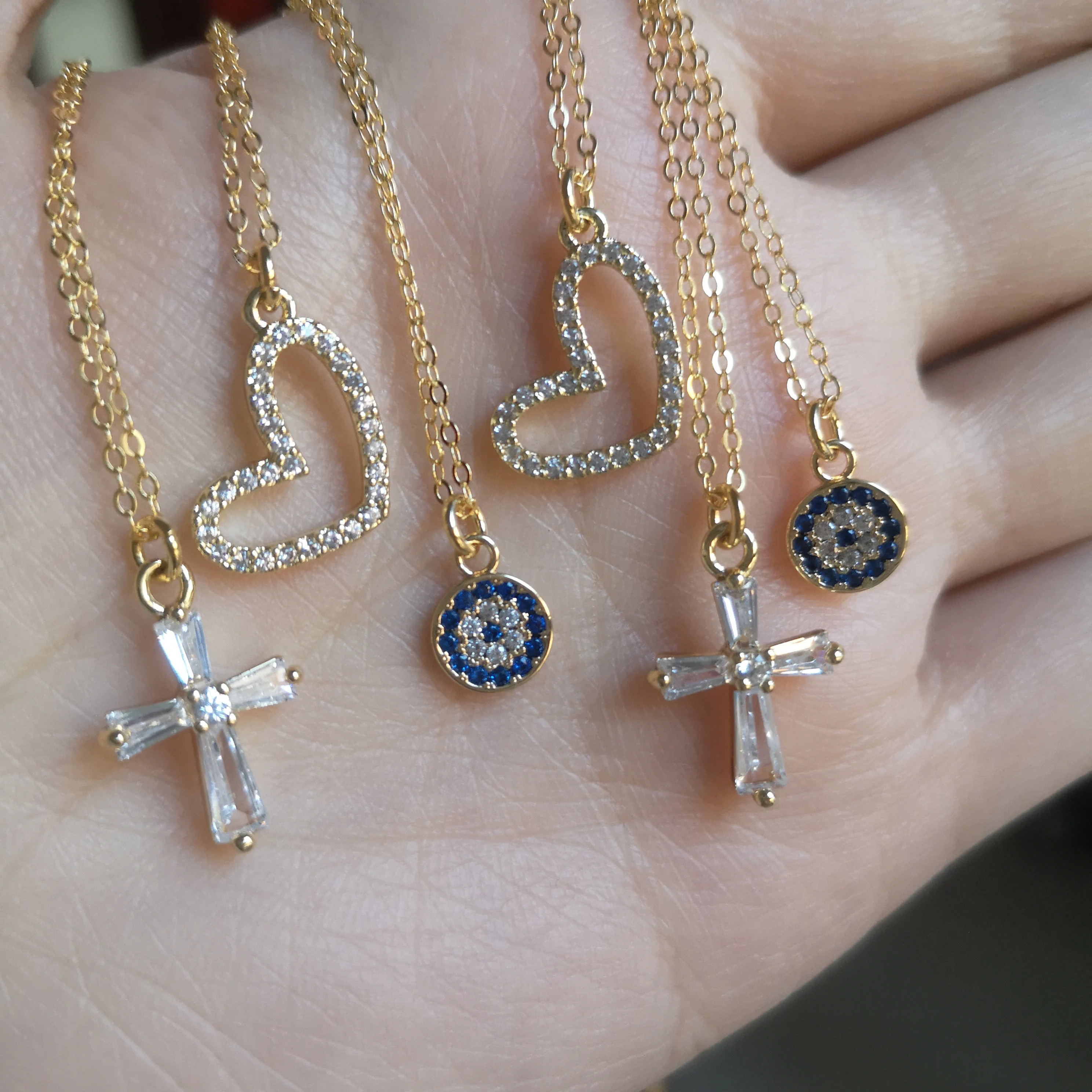 

jialin jewelry 925 sterling silver zircon initial diamond heart blue eye mini small cross cz pendant necklace