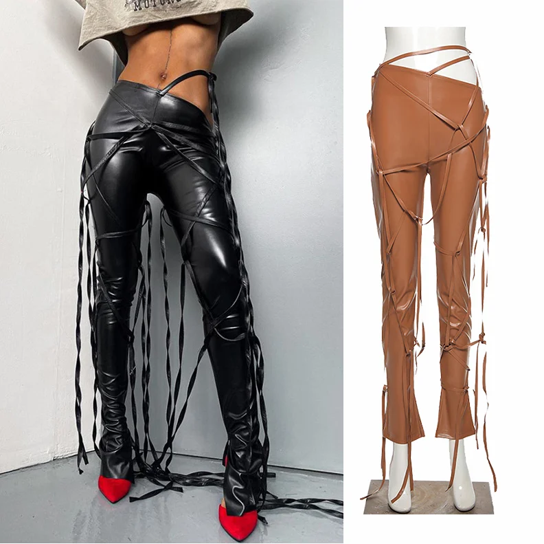 

2020 Autumn Personality Oblique Waist Streamer Casual Rope PU High Waist Leather Stacked Pants For Women, Avaliable