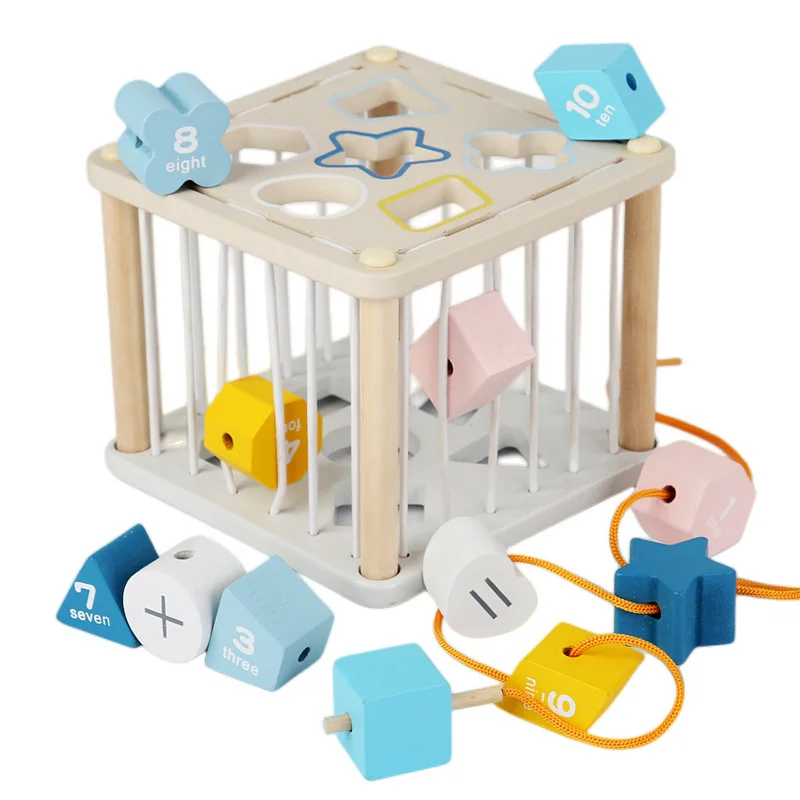 

Newly Macaron Color Geometric Shape Sorting Matching Box Toy Montessori Blocks Sorter Threading Wooden Activity Cube Toys