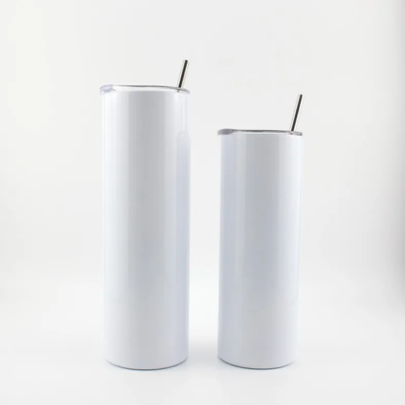

USA free shipping in stock 30oz/20oz Stainless Steel sublimation blank white straight skinny tumbler with straw