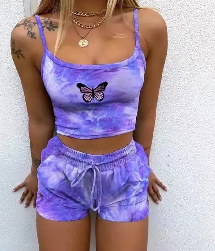 

S-3XL New arrival 2021 two piece short set butterfly embroidery terry summer jogger biker short sets