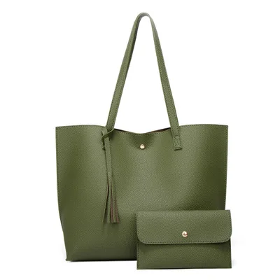 

New Stylish Green Tassels Decor Large American Fashional Tote Bag Women Hand Bag Set 2pcs, Depend on products