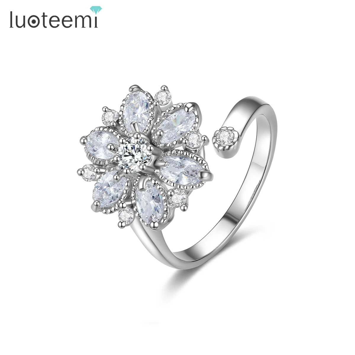 

LUOTEEMI Cubic Zirconia High Quality Women CZ Diamond Luxury Stylish Fashion Women Open Size Flower Ring