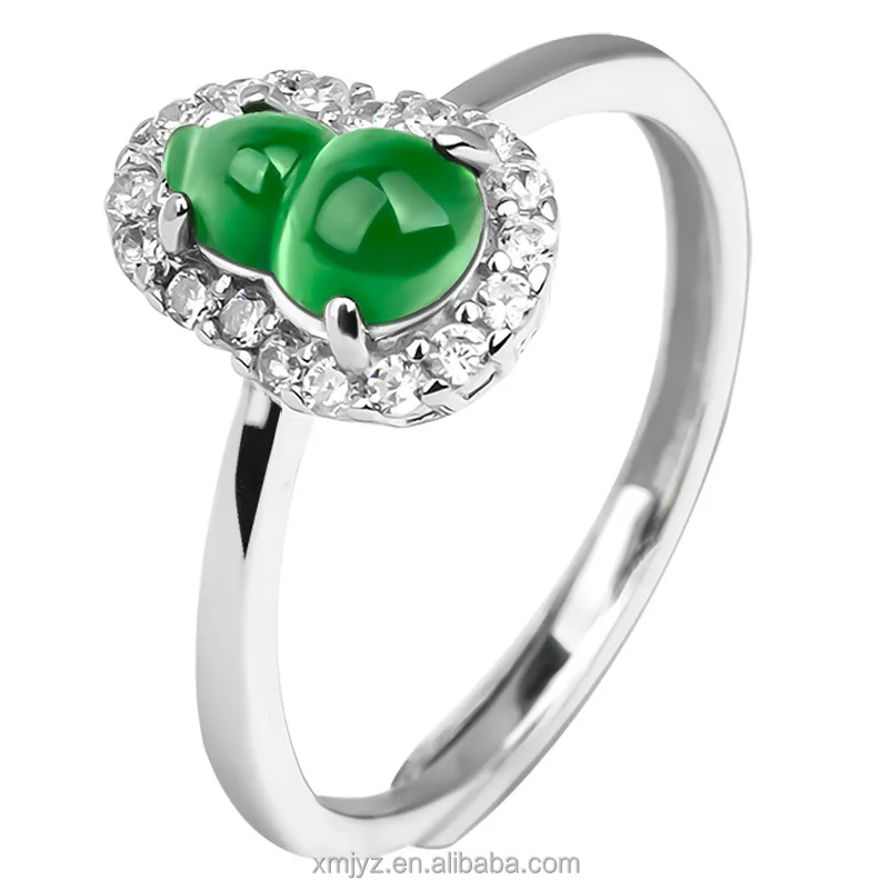 

Certified Grade A S925 Silver Inlaid Natural Jade Gourd Yang Green Ice Jade Stone Ring Fashion Ring Women's Adjustable