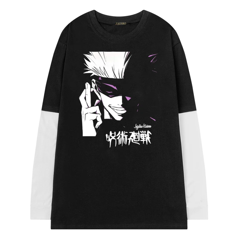 

Casual Anime Jujutsu Kaisen Gojo Satoru top Male Yuji Itadori Printed Unisex tee Fake Two Piece Men's Long Sleeve T-shirt OEM, Customized color