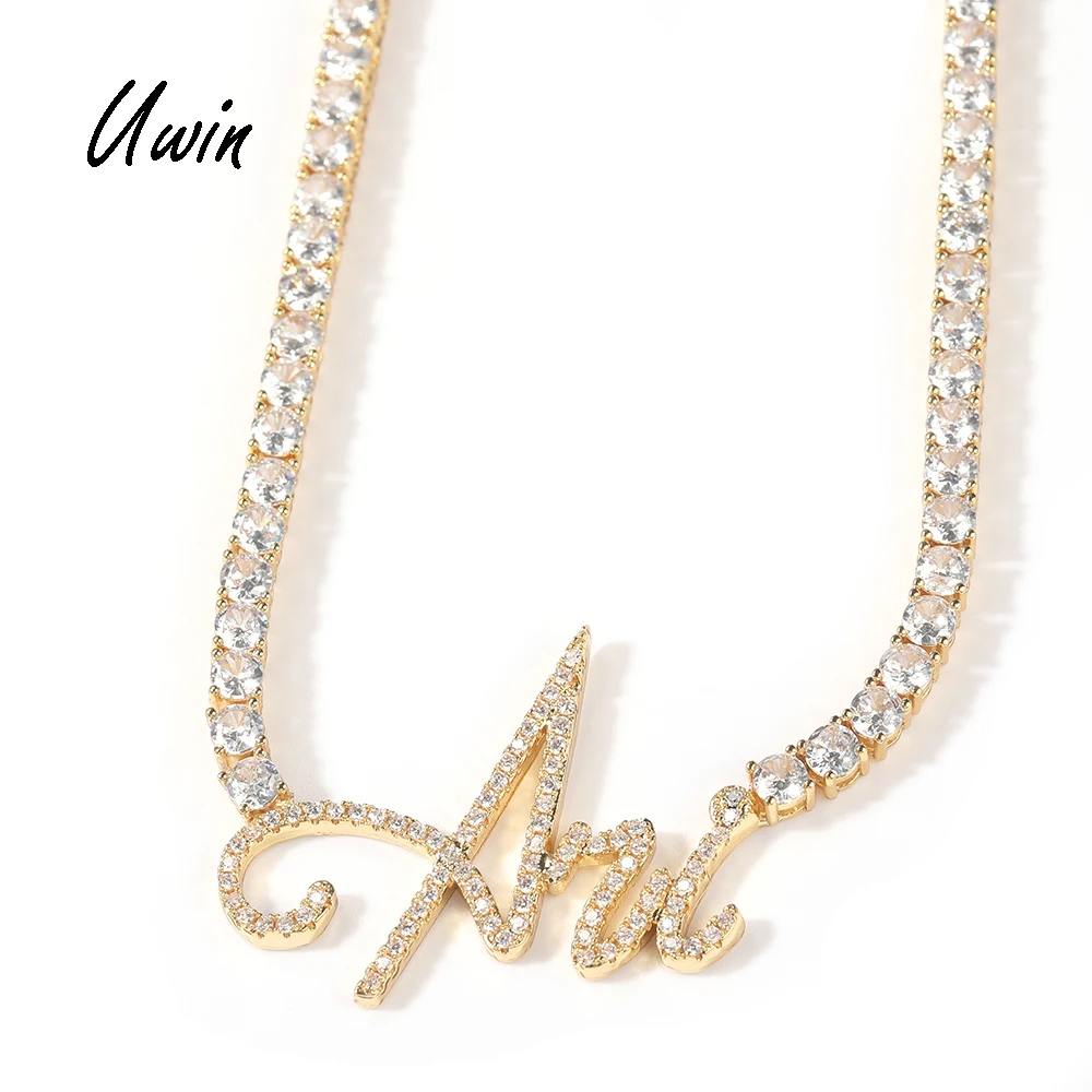 

UWIN Custom Name Pendant 18K Gold Plated CZ Tennis Chain Necklace Letter Pendant Choker Chain Women Men