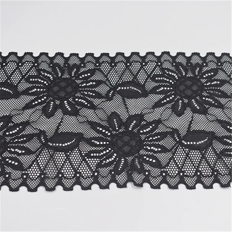 

Hot Sale Wholesale Lace Trim Fabric Elastic Lace Flowers Embroidered Ribbon For Dress, Black