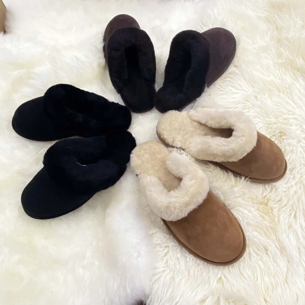 

OEM Winter Genuine Sheepskin 100% Wool Home Slippers Indoor Fur Slippers, Brown, coffee, black