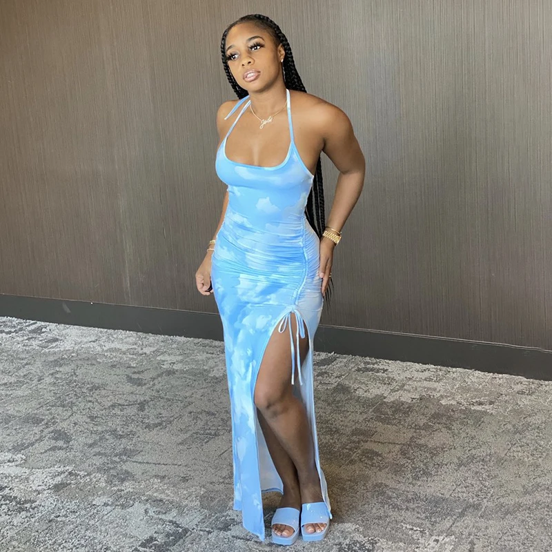 

2021 New Design Tie Dye Printing Polyester Slit Slip Bodycon Dress Women Sexy Sleeveless Spaghetti Strap, Light blue, pink