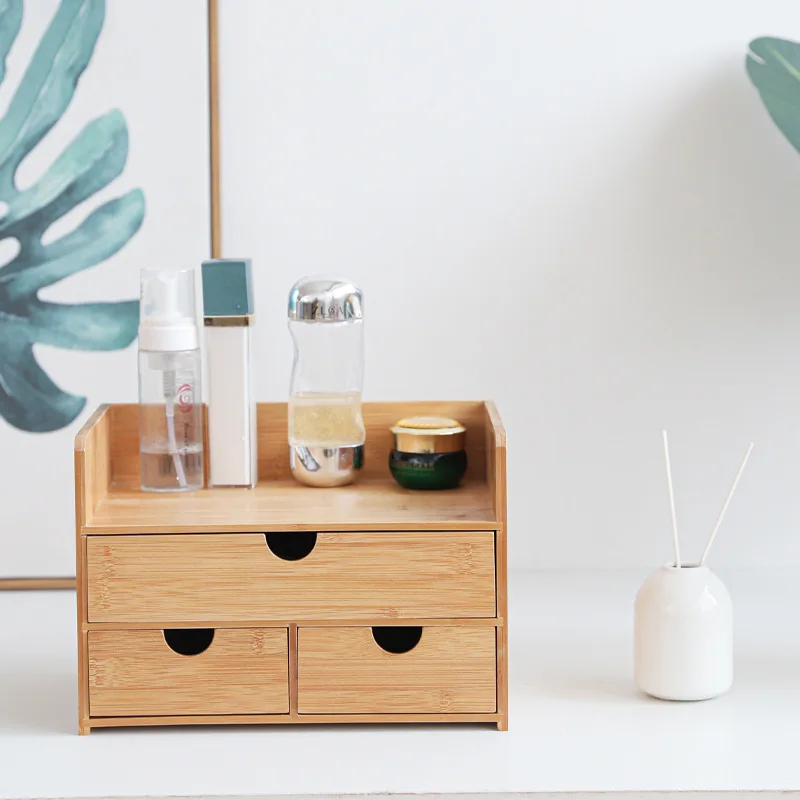 

Stackable Bamboo Desktop Organizer Mini Desk Makeup Organizer with Drawer