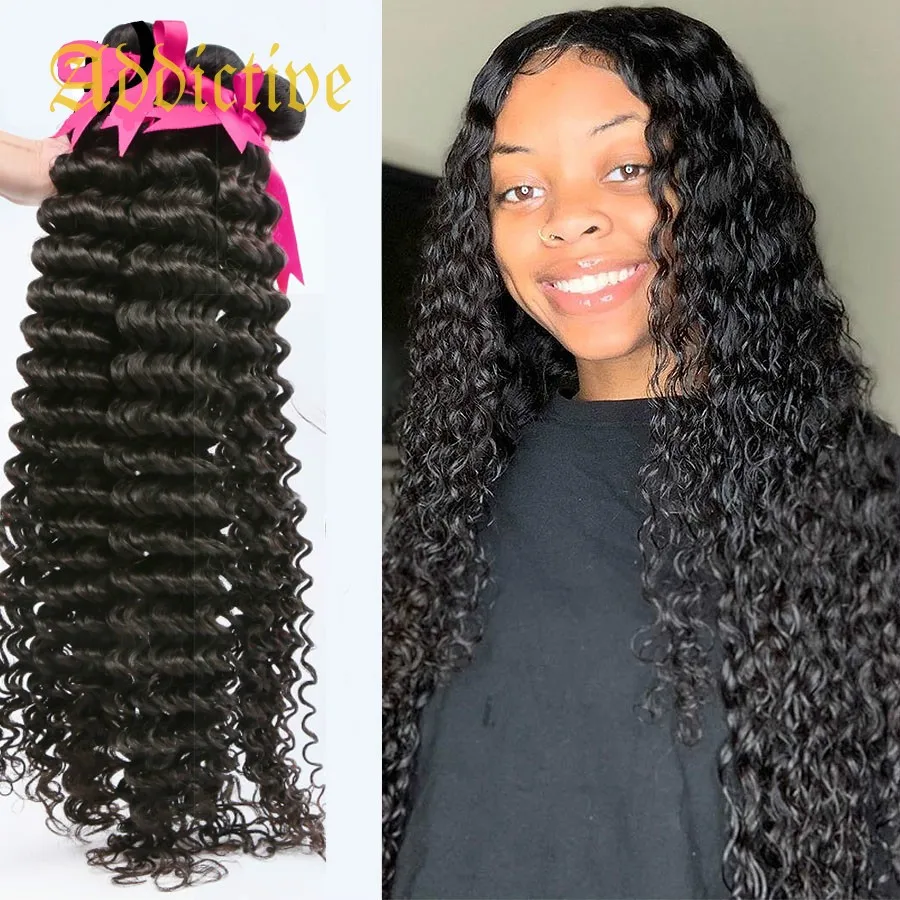 

Addictive Raw Remy Indian Deep Wave Human Hair Bundle 30 32 40 Inch Curly Bundles Natural Color Water Wave Hair Extension