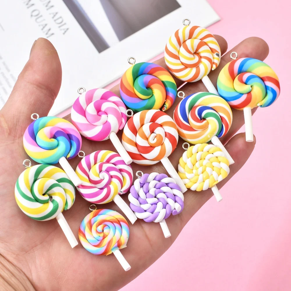 

Cute Rainbow Polymer Clay lollipop Kawaii Candy lollipop Flatback For DIY jewelry Phone Decoration Jewelry Accessory