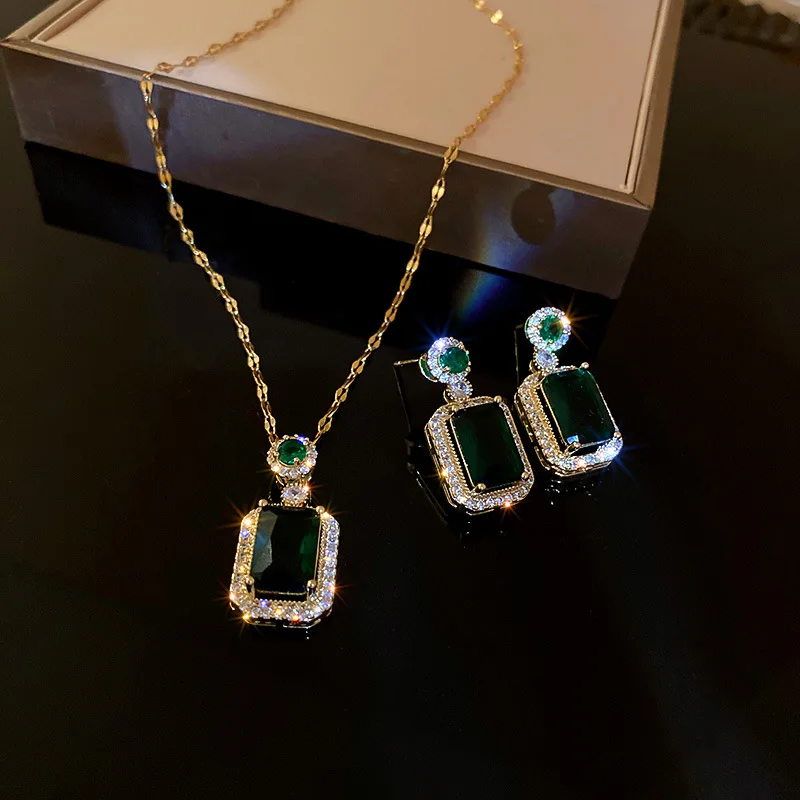 

Women's Jewelry Set bridal jewelry set luxury Wedding Green Stone Necklace Earring Jewelry Sets, Gold