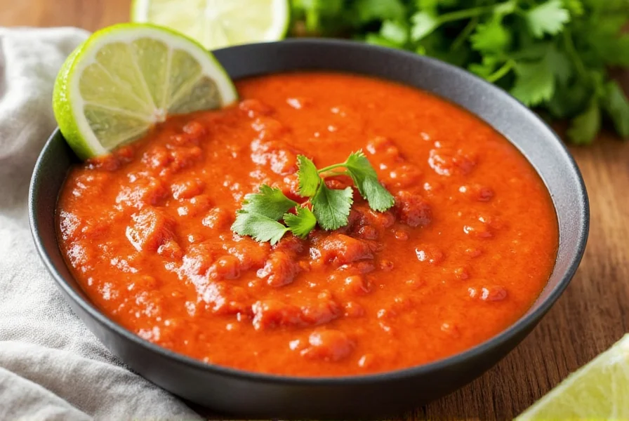 Bowl of vibrant red Thai chili lime dipping sauce with fresh herbs and lime wedges