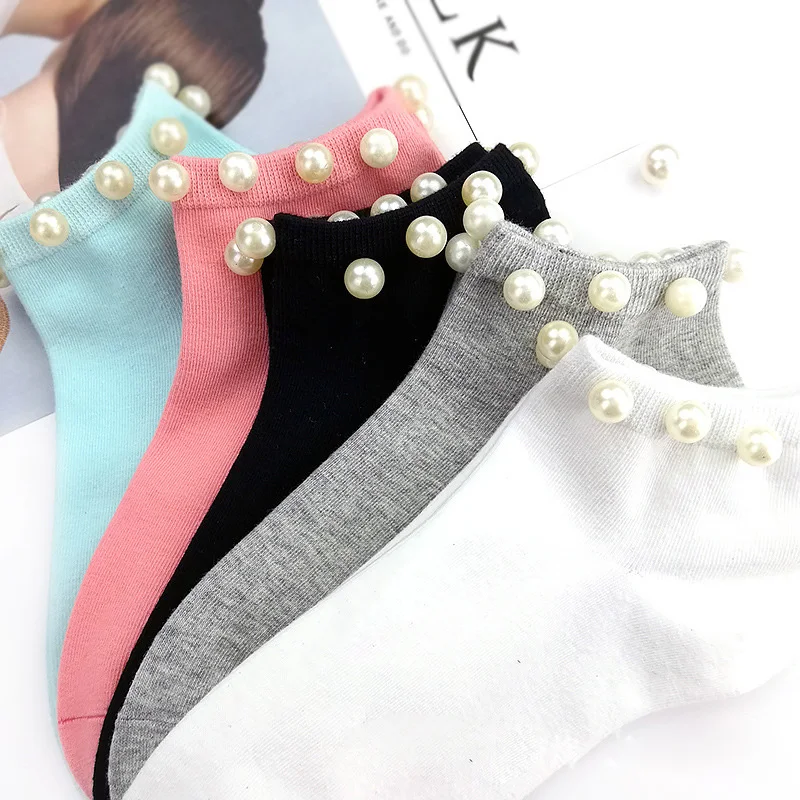 

Hot Sale Women's Cotton Lovely Candy Color Imitation Pearl Socks Casual Ladies Girl's Short Socks Sox Hosiery, As the picture