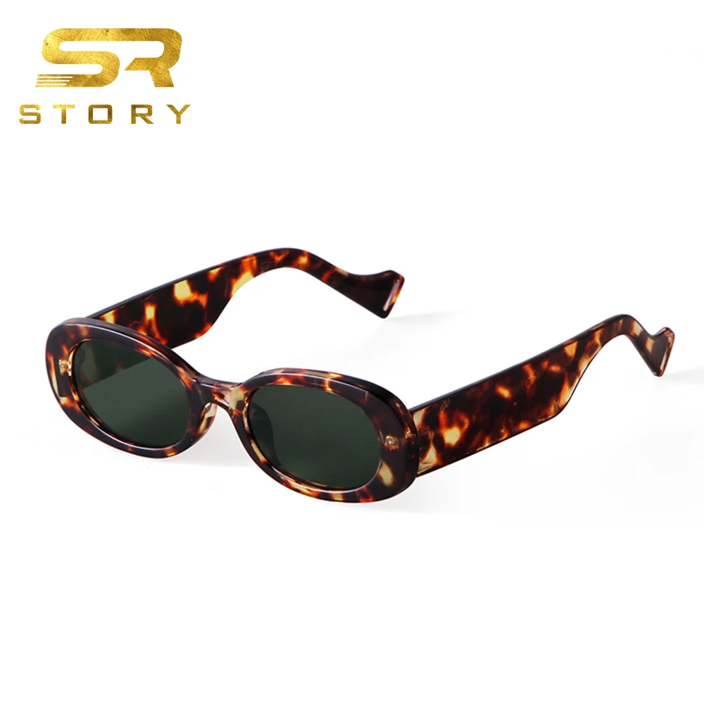 

STORY T115 2021 New Vintage Leopard Oval Sunglasses Women Men Brand Design Trendy Fluorescent Green Sun Glasses Custom Logo