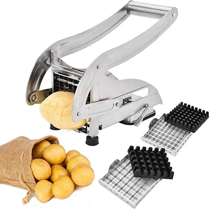

Food Grade Manual Vegetable Tools Potato Chips Cube Slicer Stainless Steel Potato French Fry Cutters With Suction Pad, Silver