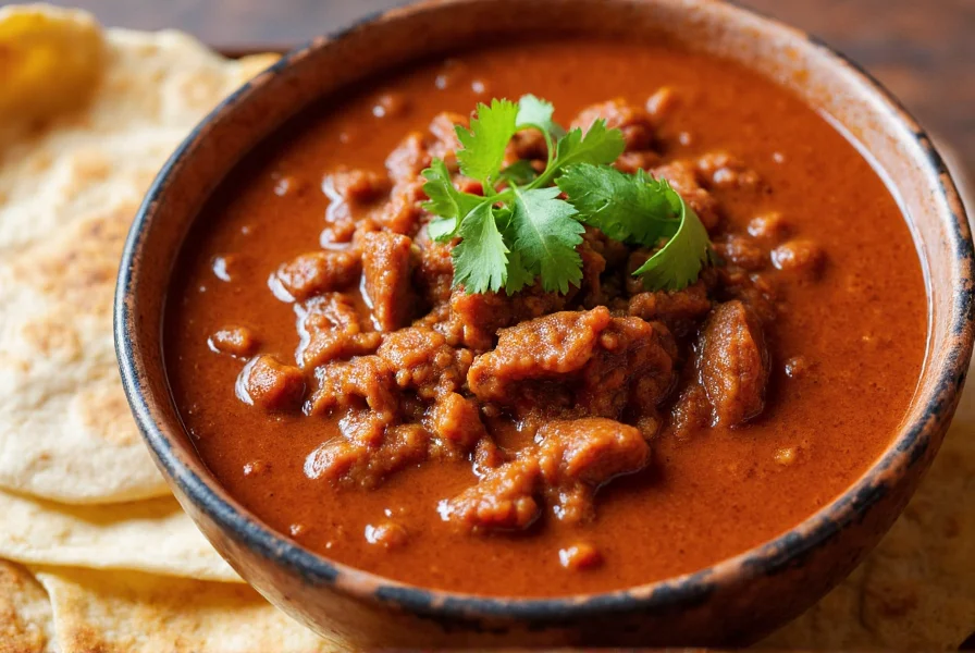 Authentic bowl of chili colorado sauce with tender beef chunks in rich red sauce, garnished with fresh cilantro and served with warm tortillas
