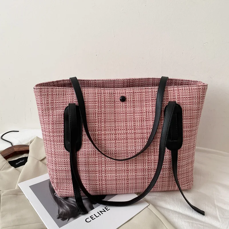 

New Fashion Large Capacity Handbag Ladies Shopping Tote Bag Plaid Shoulder Bag Casual Tote Bag, Khaki, blue, black, pink
