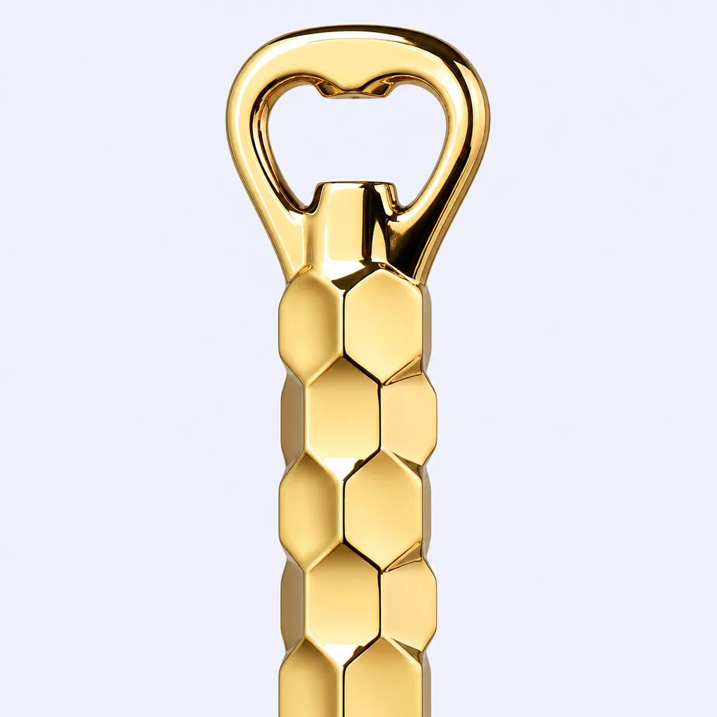 Close-up of the faceted geometric handle of the gold bottle opener