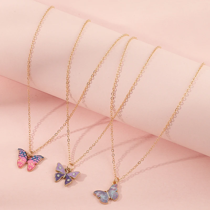 

3pcs/set Wholesale Fashion Custom Coorful Butterfly Necklace Butterfly Pendant Necklace For Girls