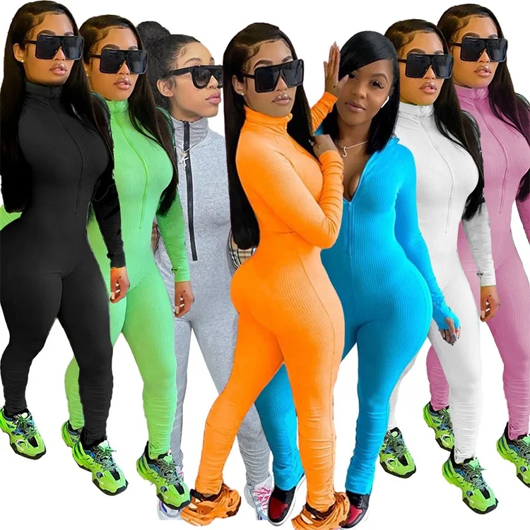 

Casual Sexy Zipper Long Sleeve Workout Bodycon Stacked Rompers Womens Jumpsuits, Multiple colors to choose