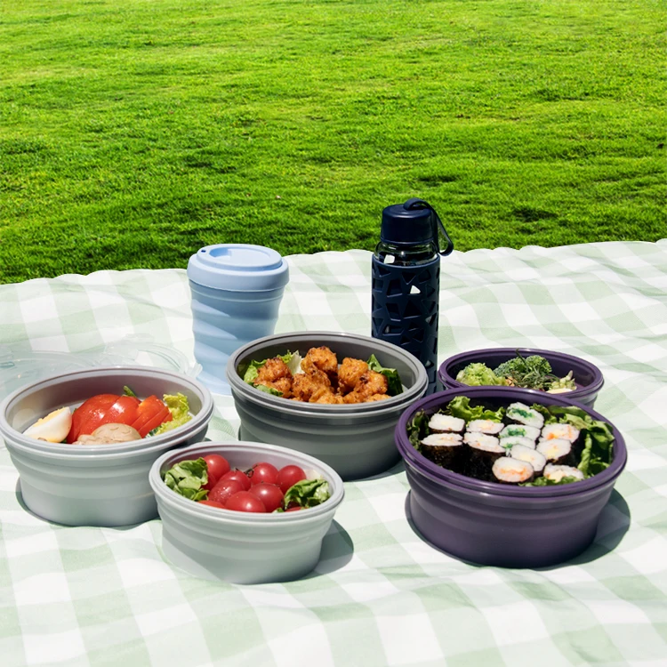 

Collapsible silicone folding tiffin box leakproof eco friendly food grade storage round container silicone tiffin box