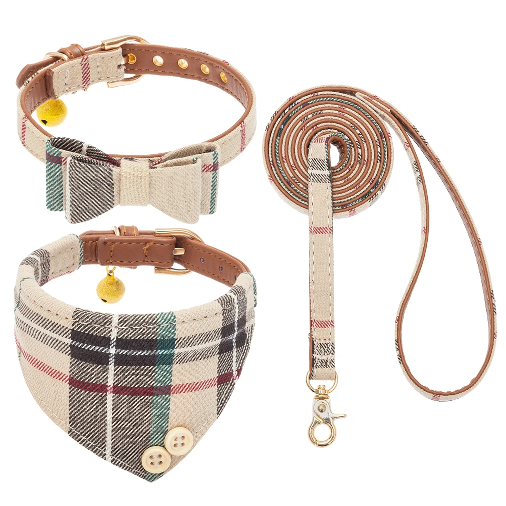 

Wholesale Bowknot Luxury Dog Collar Leather with Bell Bandana Dog Collars Leashes Set