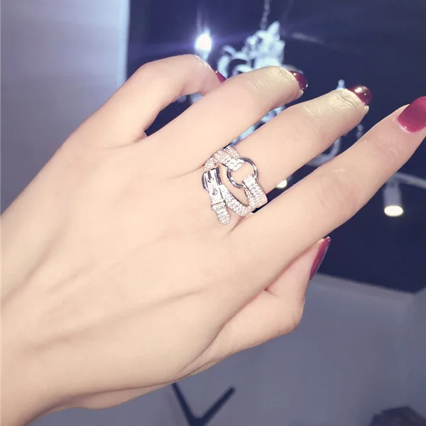 925 Sterling Silver Ring Ring Belt Buckle Inlaid with Diamond Ring Korean Jewelry Wholesale Matching Single Products