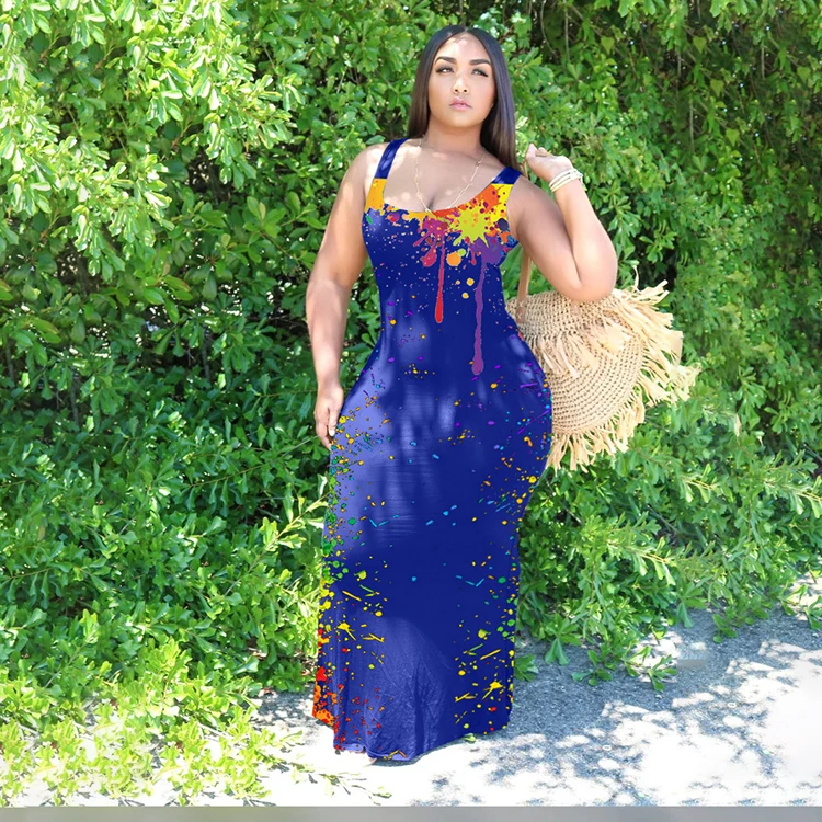 

Summer Casual Scoop Neck Ink Printing Backless Sleeveless Long Maxi Dresses Women Clothing, White,black,blue