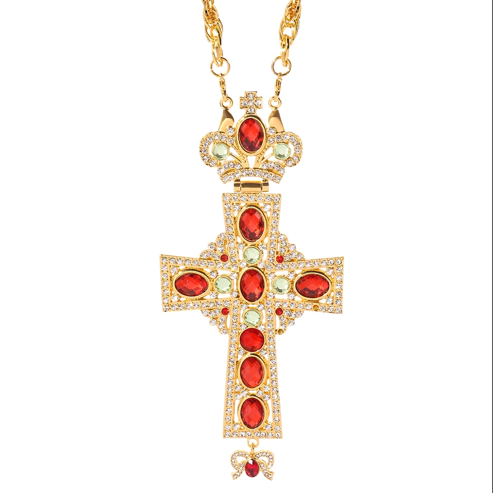 

Catholic Russian Orthodox Priest Prays Golden Breast Cross Chain Crafts Cross with Crystal Long Chain, Gold
