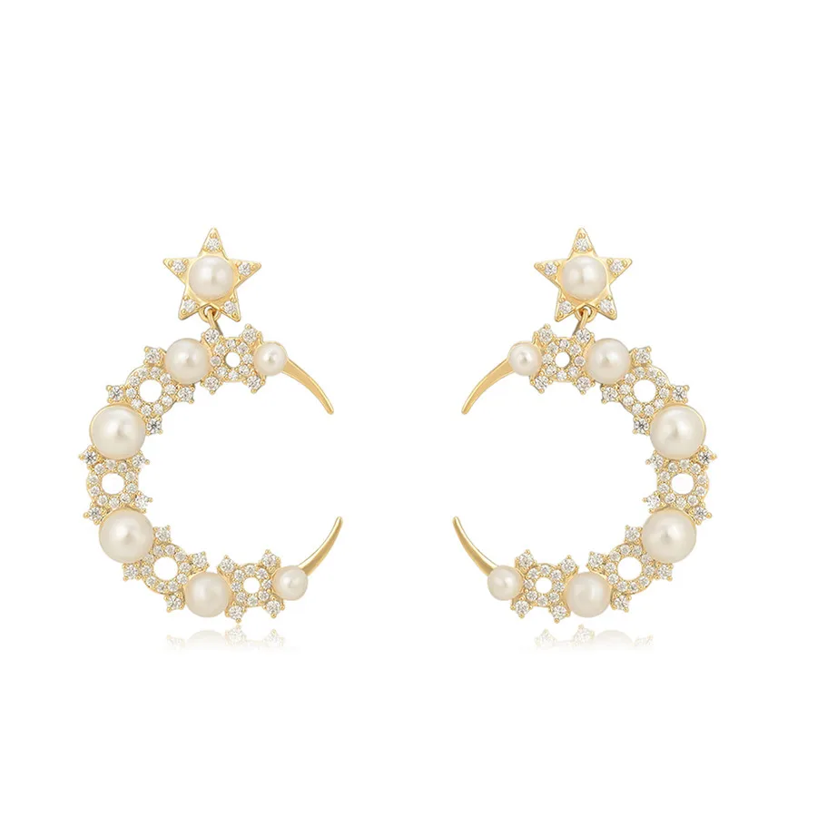 

BLE-1917 xuping jewelry Elegant and fashionable C-shaped moon pendant 14K gold-plated star diamond pearl earrings