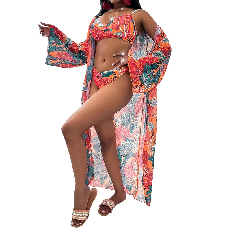 

2021 hotsale women sexy swimwear floral printed 3 piece bikini set cover up swimsuit, As shown