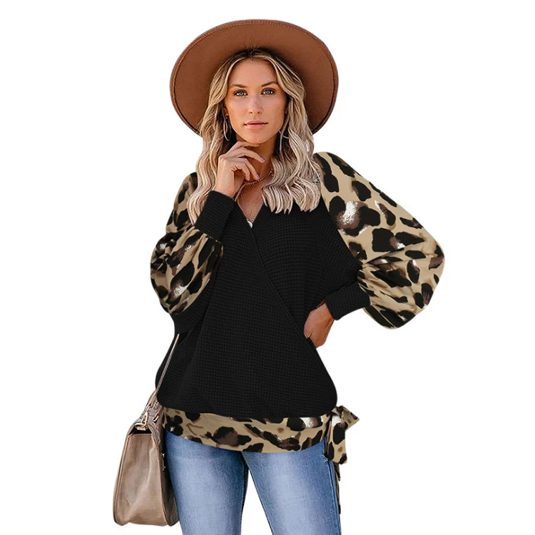 

Fashion Leopard Print V Neck Stitching Sweater Casual Loose Long Sleeves Long Chiffon Ladies Tops Blouse Summer Blouses